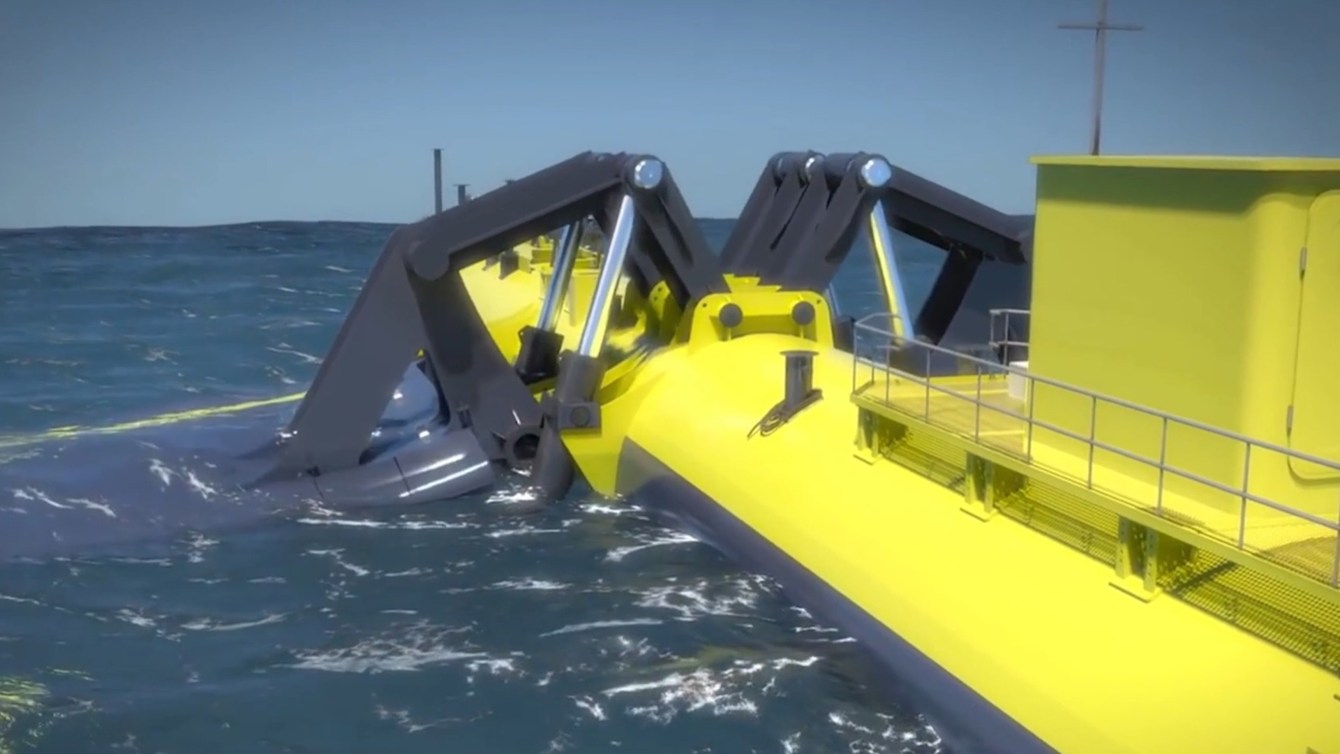 Bright yellow tidal turbine in the ocean off Orkney 